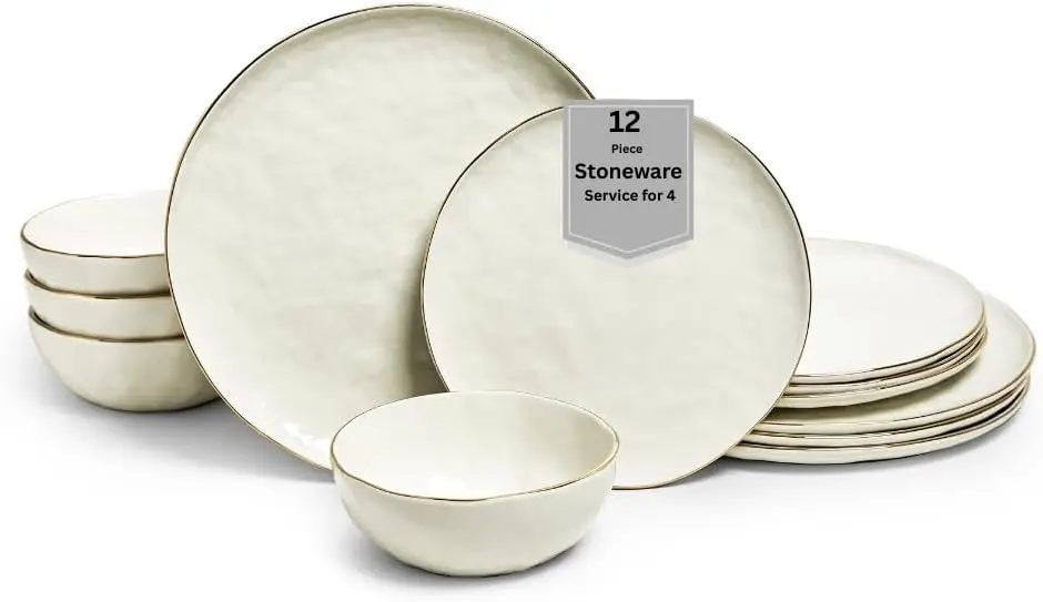 

Gansevoort 12-Piece Stoneware Dinnerware Set – Service for 4, Elegant White with Gold Accents, Perfect for Everyday Dining & Ent
