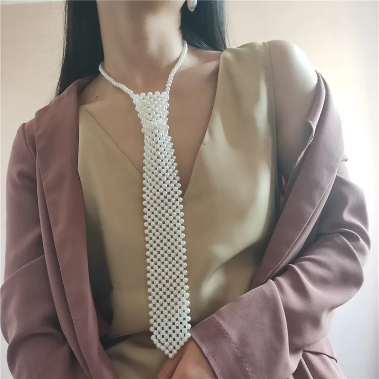 Women  Pearl Necktie Hollow Out Imitation Peral Necklace Retro Weaving Beaded Vintage Jewelry Choker Shirt Tie Collar For Female