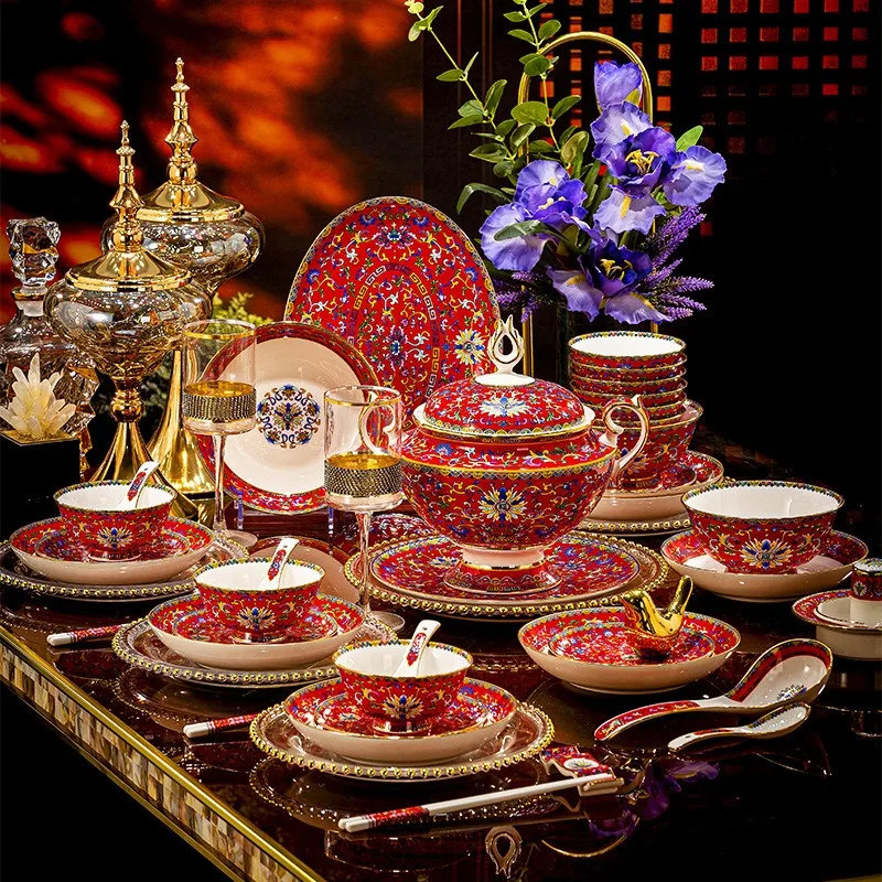 Enamel Dinnerware Set for Red Wedding Housewarming Home Use Jingdezhen Chinese High-End Bone China Gift Box Set