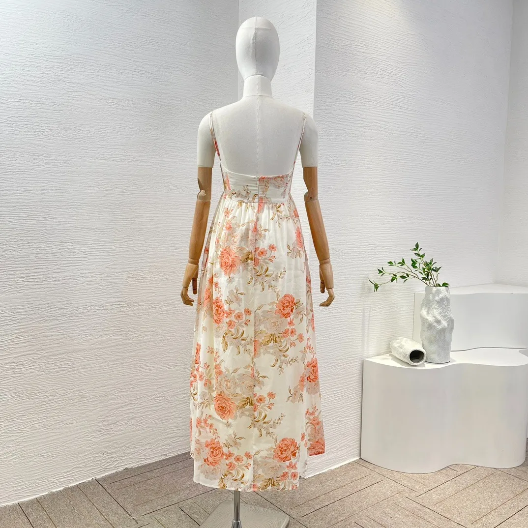 White Floral Print Sleeveless Square Collar Ruched Sling Midi Diess 2024 New Arrival Spring Summer High Quality Clothing