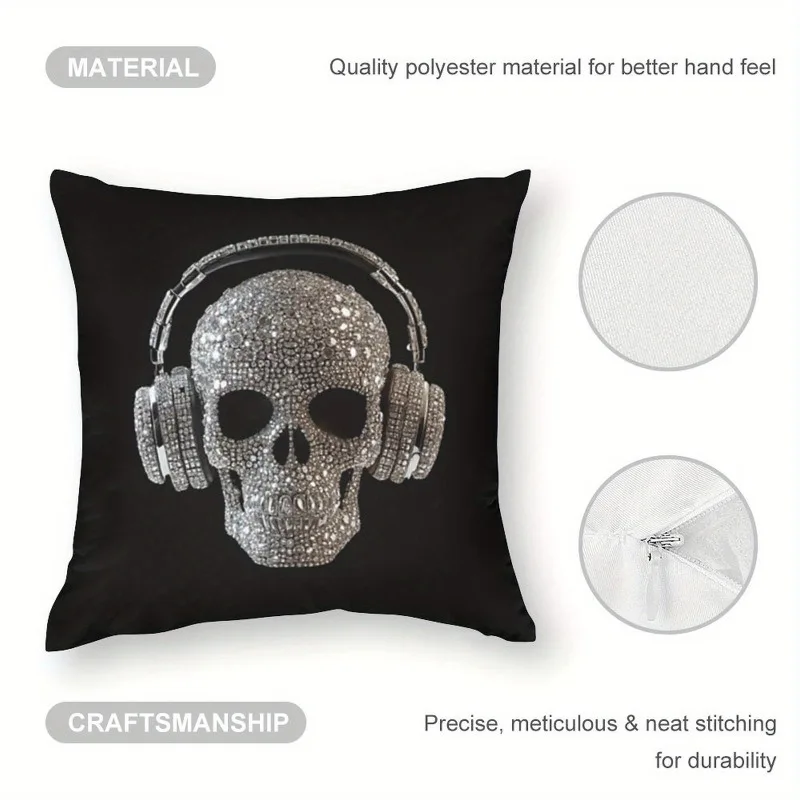 Diamond Skull Headphone Pillow Cover, Sparkling DJ Style Cushion Case for Living Room Bedroom Home Decor Gift