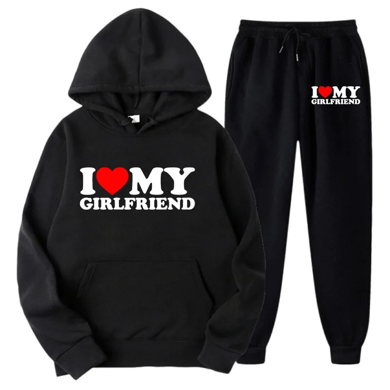 New I LOVE MY GIRLFRIEND Print Men Women Tracksuit Hoodies Thick Pullover and Long Pant Set Men Autumn Fleece Jogger Sports Suit