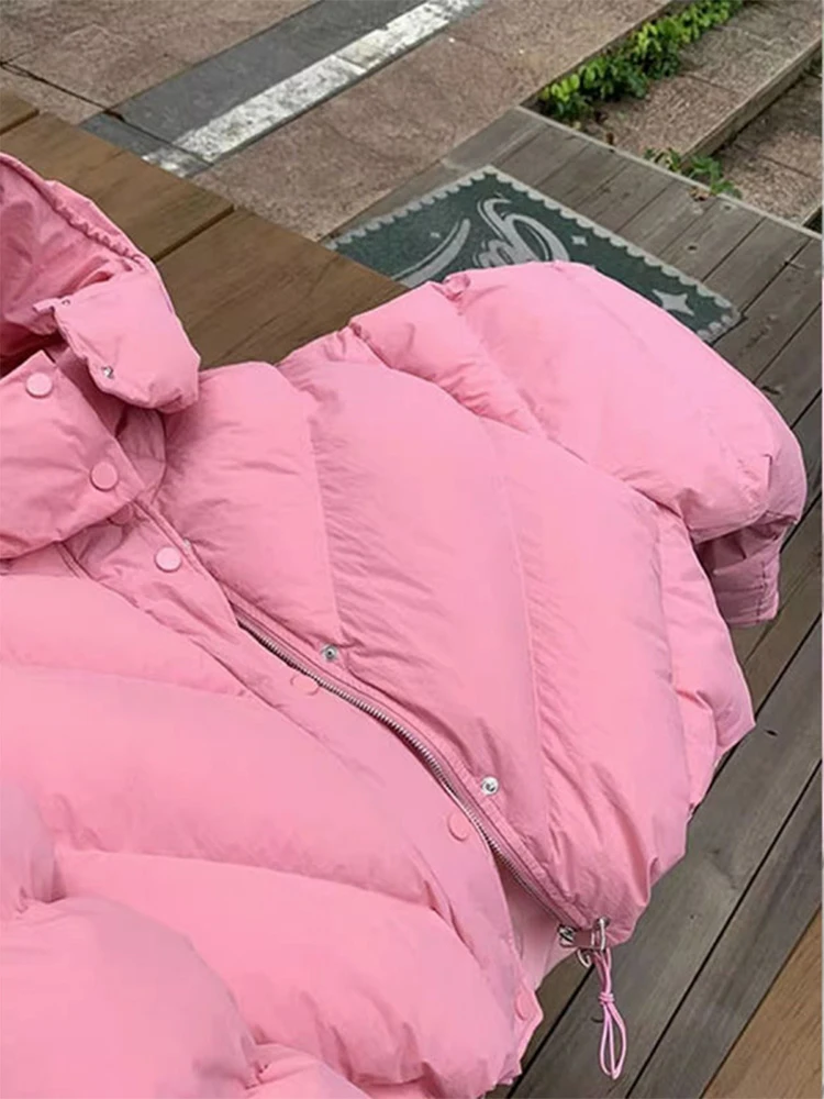 Chaqueta Parka rosa para mujer, abrigo Vintage de manga larga con cuello alto, sudaderas con capucha gruesas y cálidas coreanas Harajuku, chaqueta acolchada para invierno