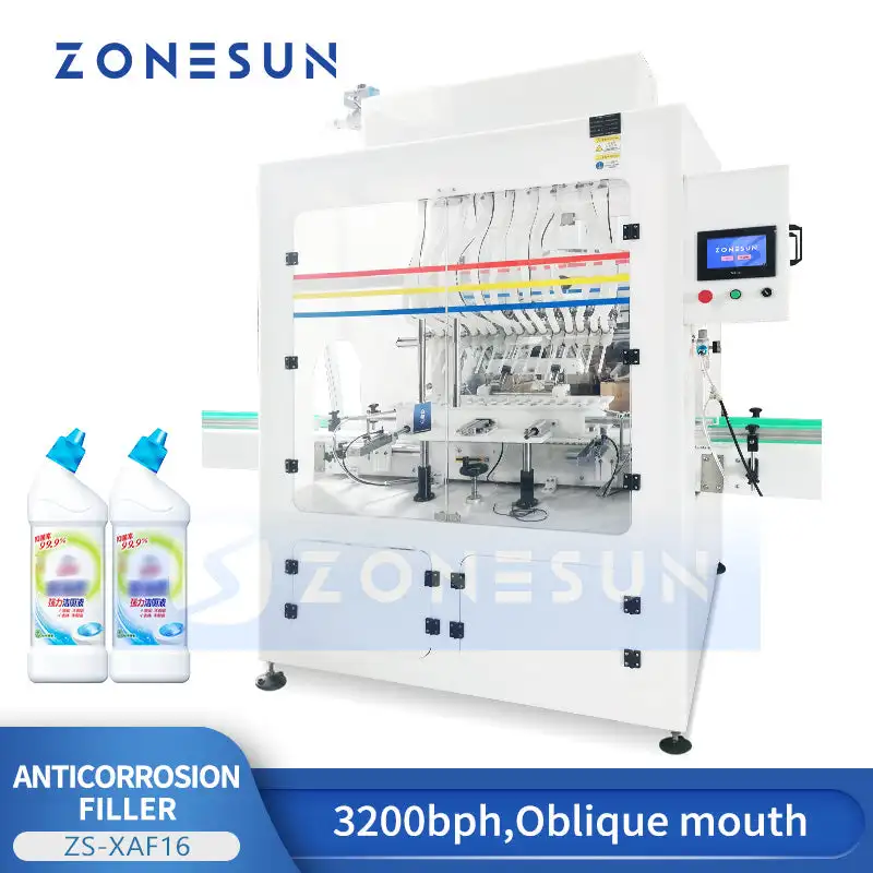 ZONESUN ZS-XAF16 Auto Corrosive Liquid Filling Machine Strong Acid Bleach Toilet Cleaner Oblique Mouth Bottle Filler 3200bph