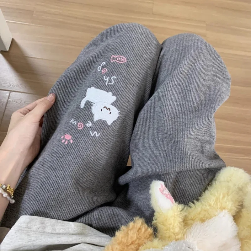 أسود انمي ياباني لطيف القط المطرزة سراويل تقليدية الطالبات فضفاض اللف السراويل في الخريف والشتاء 2025 لطيف حار