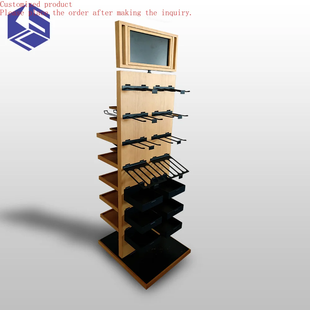 

Custom.Customizable Metal Retail Store Display Rack with Wood Hanging Hook Movable Counter Stand