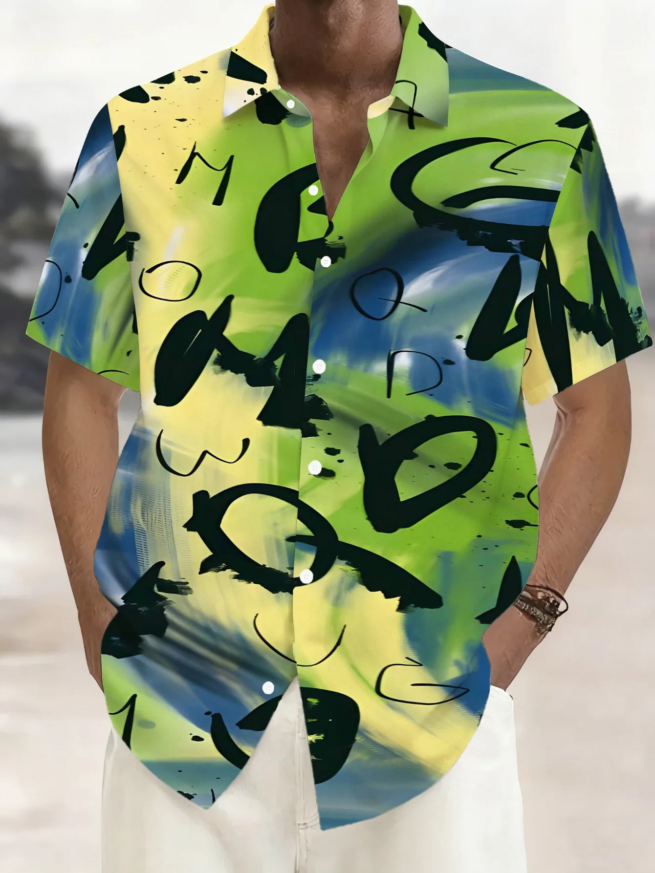 Men's Short Sleeve Button Shirt Gradient Tie-dye Abstract Graffiti Stroke Print Casual Beach Vacation Hawaiian Mens Clothing