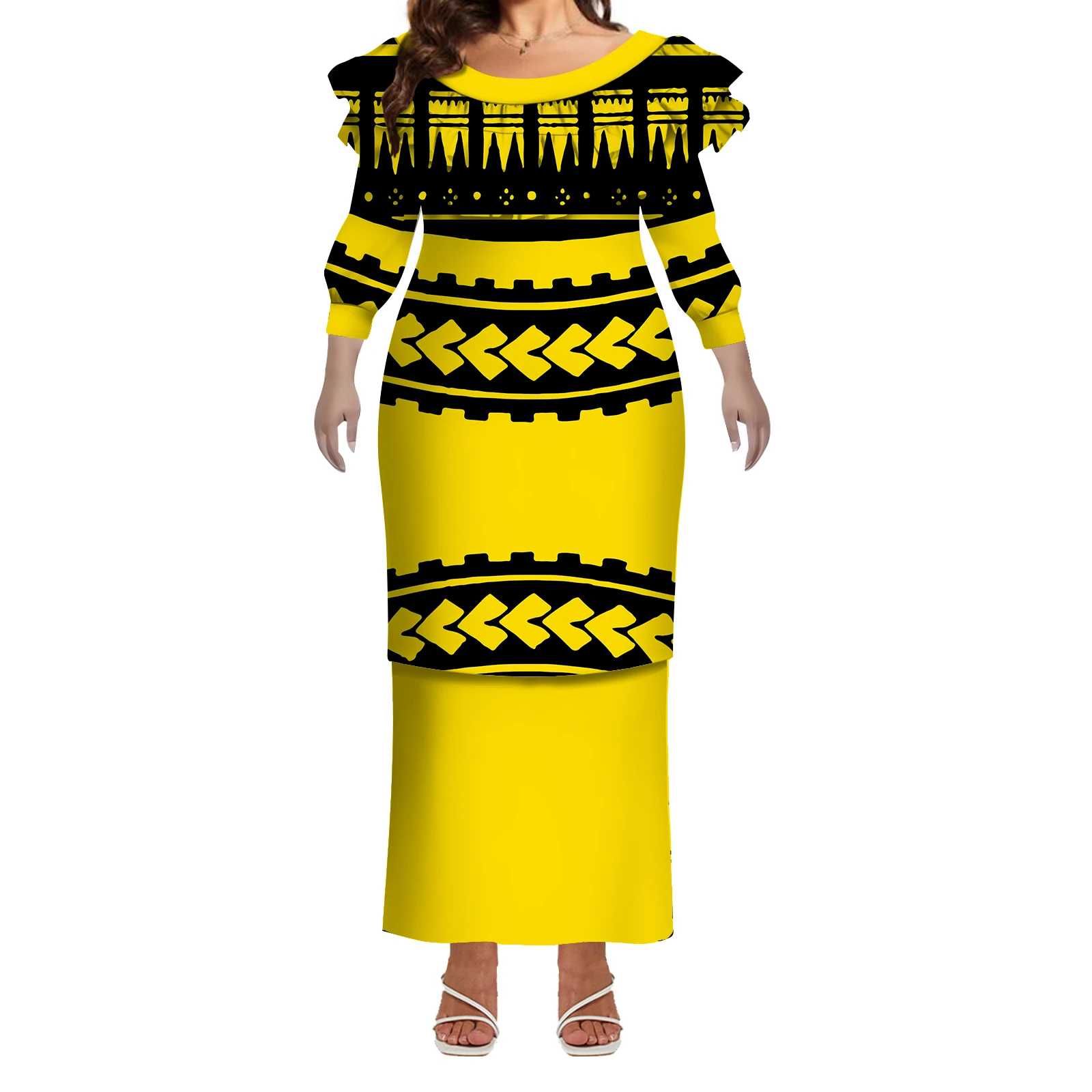 Puletasi vestido de verão de manga média com babados de camada dupla e justo, vestido feito sob medida para mulheres polinesias