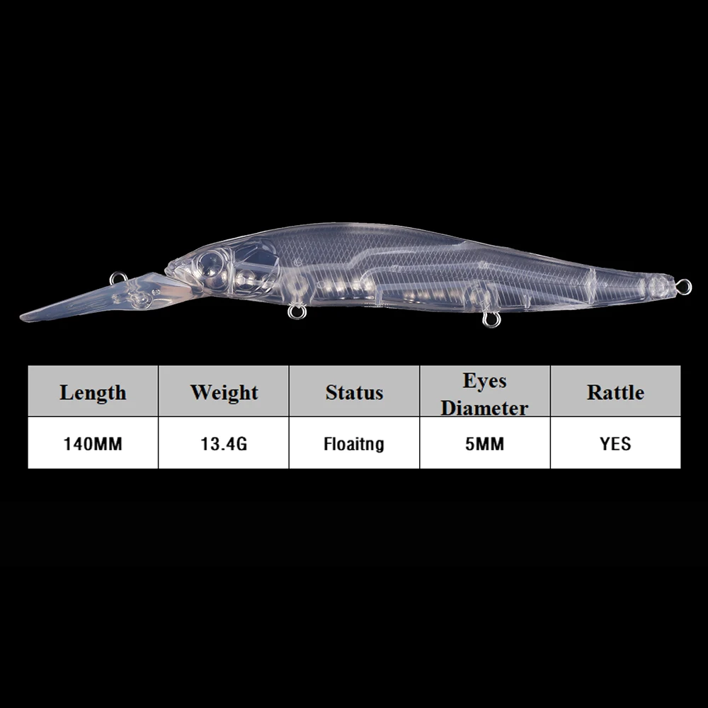 Chan’sHuang 10PCS Unpainted Blanks Bait 14cm 13.4g Deepwater Rattle Minnow DIY Handmade Artificial Fishing Lure Tackle