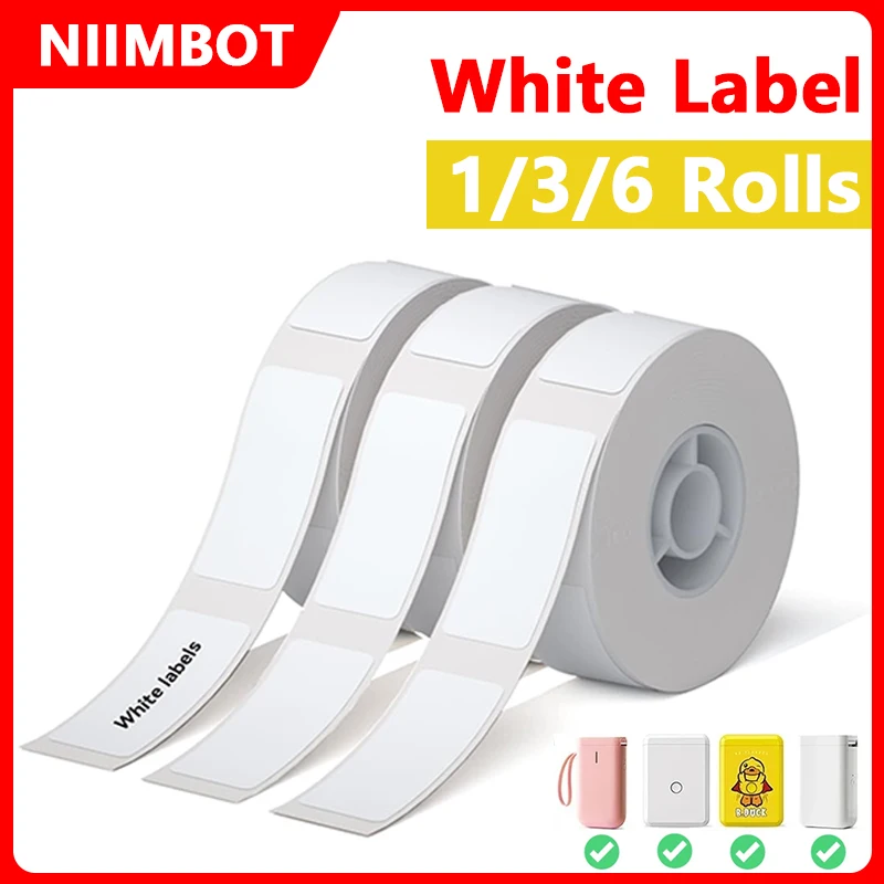 

Niimbot 1/3/6 Rolls White Label Waterproof Adhesive Sticker Anti-Oil Paper For B1 B21 Mini Portable Thermal Printer Label Maker