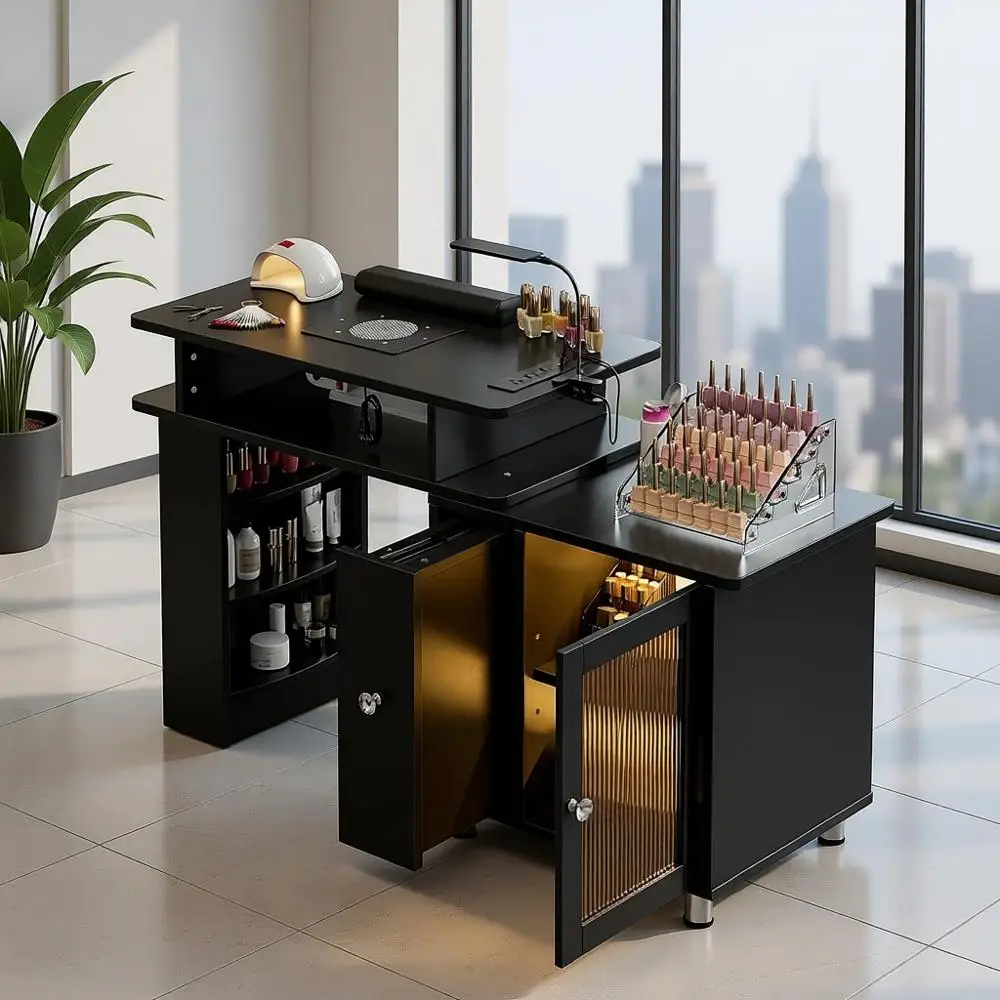 

LED-lit Manicure Table with Dust Collector, Nail Tech Desk, Acrylic Rack, and Glass Door Cabinet