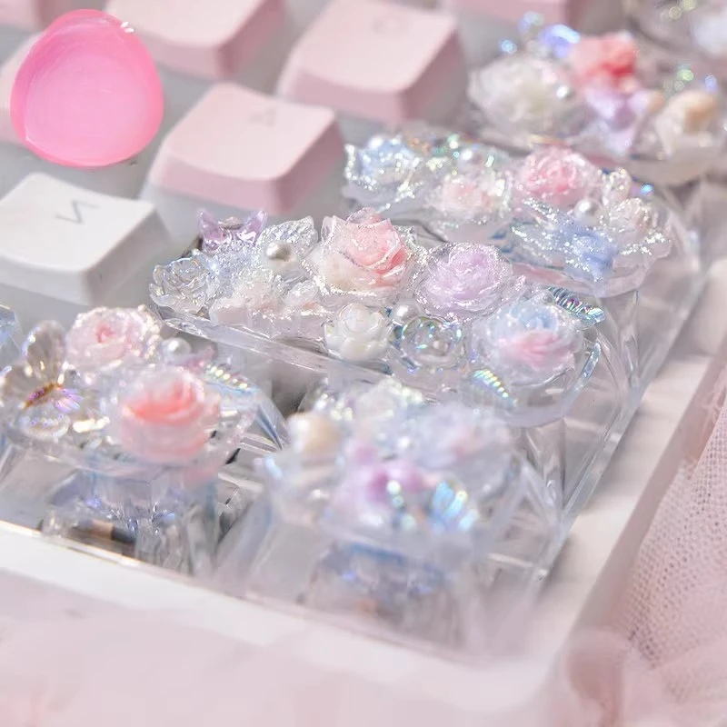 Flower God | Personalize Keycaps Custom Resin Bright Diamond Pearl Point Keycap Cute Transparent Cartoon Anime Key Cap for Gamer