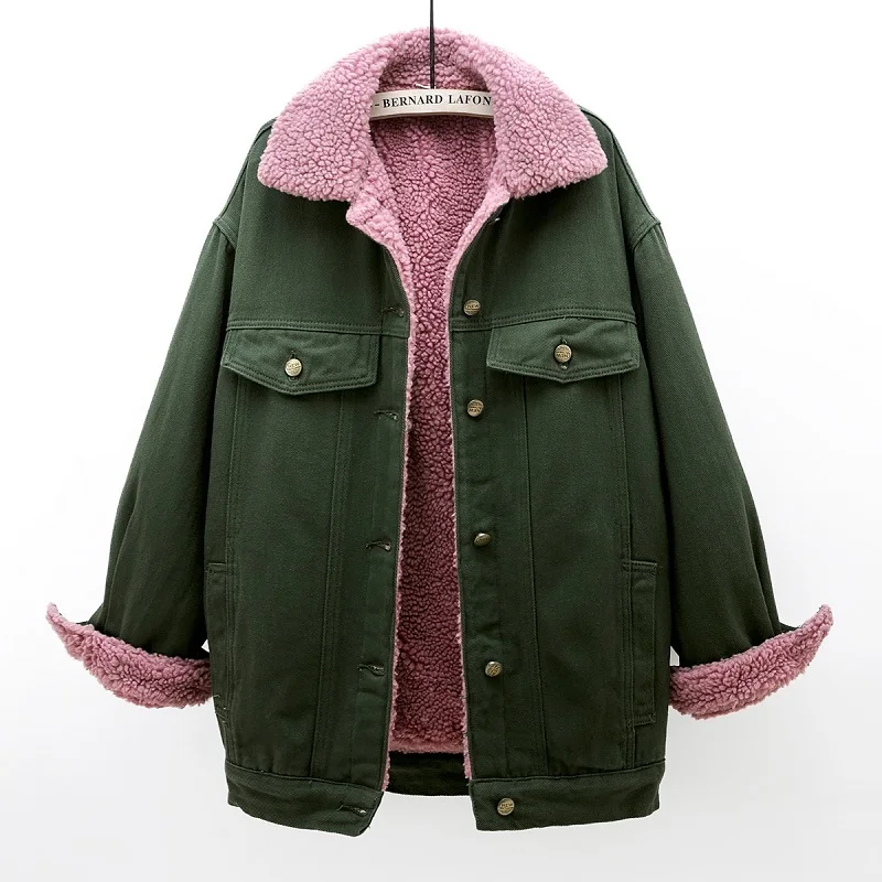 

Winter Lambs Wool Liner Denim Jacket Women Army Green Big Pocket Cowboy Outerwear Loose Mid Long Thick Jeans Jacket Coat Female