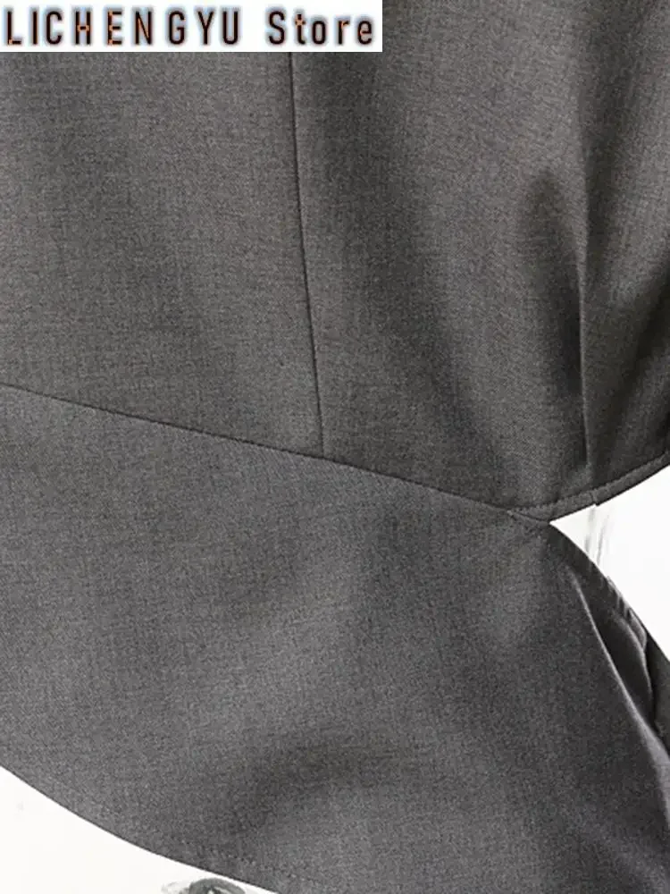 Women Gray Irregular Pleated Elegant Blazer New Lapel Long Sleeve Loose Fit Jacket Fashion Tide Spring Autumn