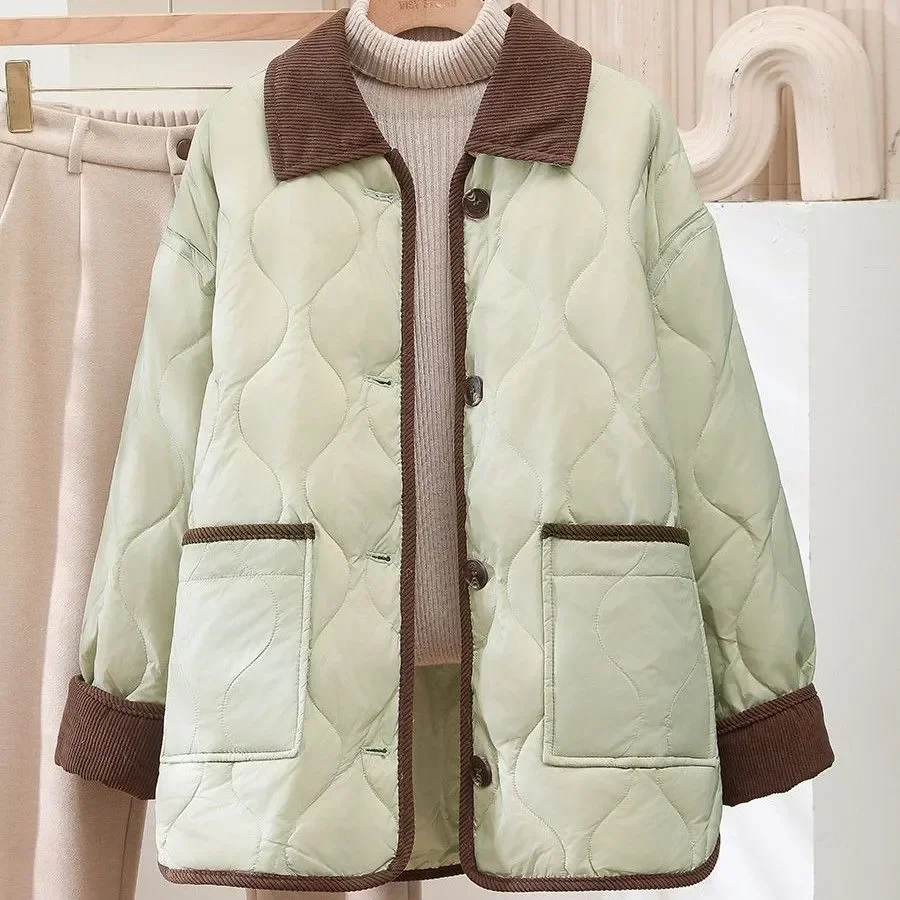 Pop Flip Collar Corduroy Diamond Grid Lightweight Cotton Jacket For Women 2025 Winter New Loose And Versatile Parka Warm Coat Au