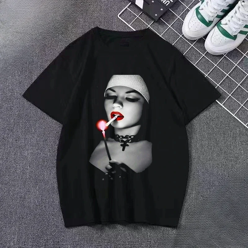 Smoking and Drinking Nuns Religious Lady T-shirt, Cute Unisex Aesthetic Y2k Short Sved Summer Crew-neck Breathable Clothing