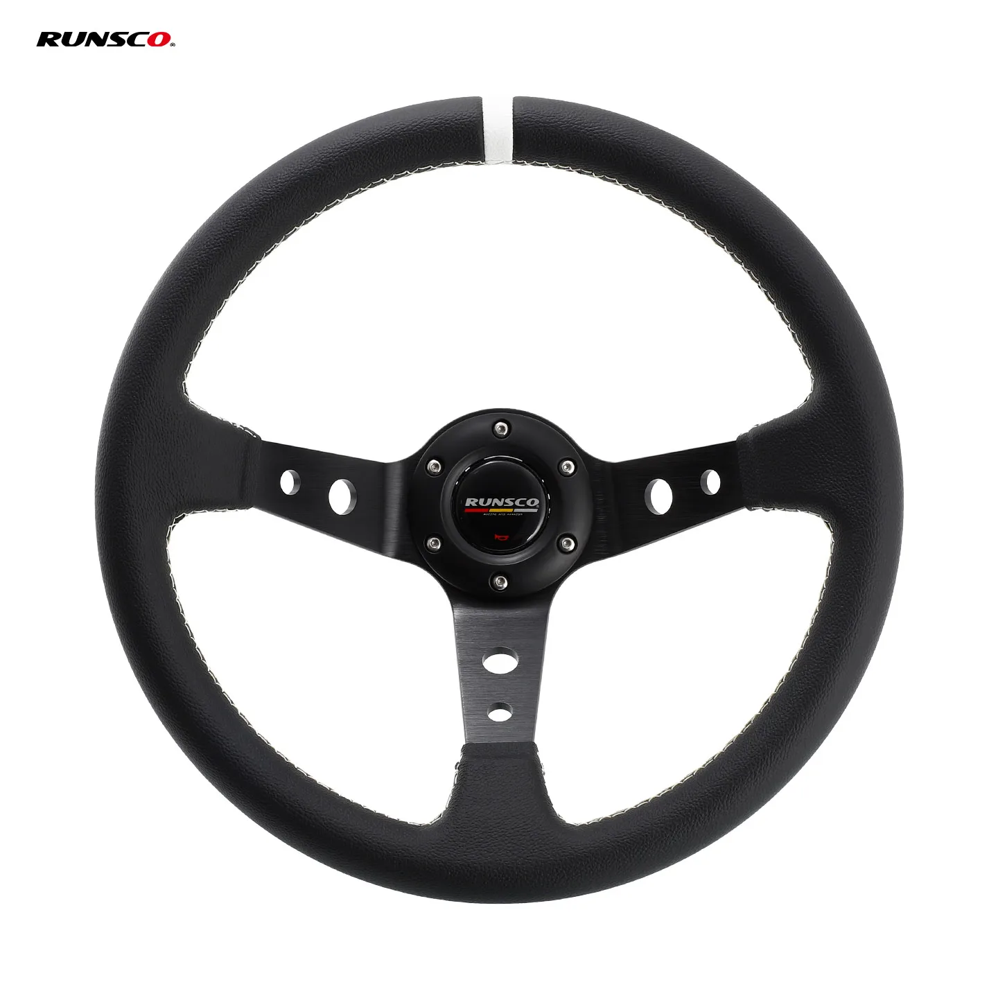

Гоночный руль RUNSCO 14 дюймов/350 мм - черная кожа с белой строчкой - легкие алюминиевые спицы