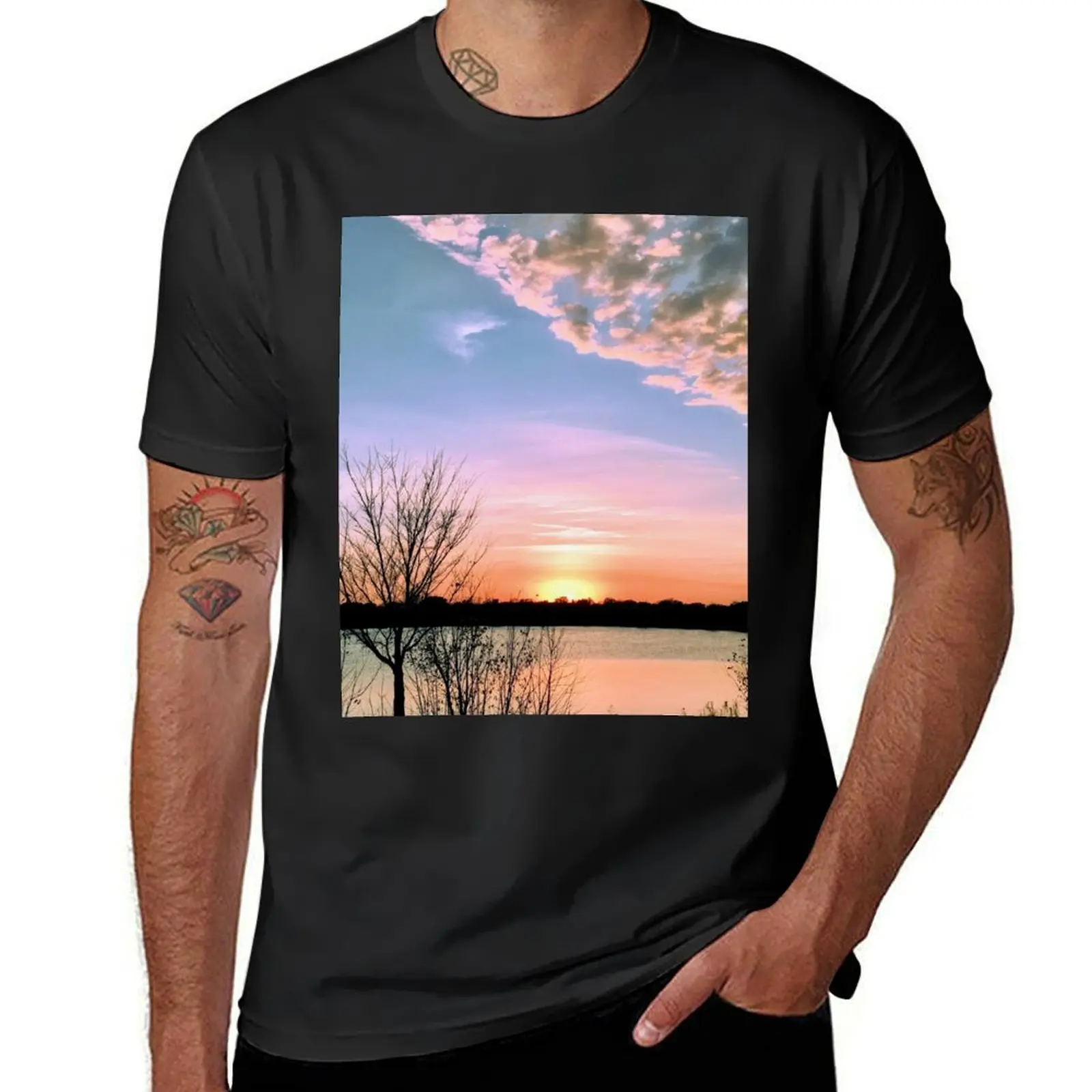 

Clearing Cloud Front at Sunset Over Lake T-shirt for a boy sports fans mens vintage t shirts