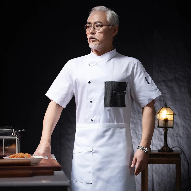 Uniforme de trabajo de cocina para restaurante de Hotel, chaqueta de Chef de manga corta, abrigo de cocina blanco de verano para Chef de pastelería y panadería