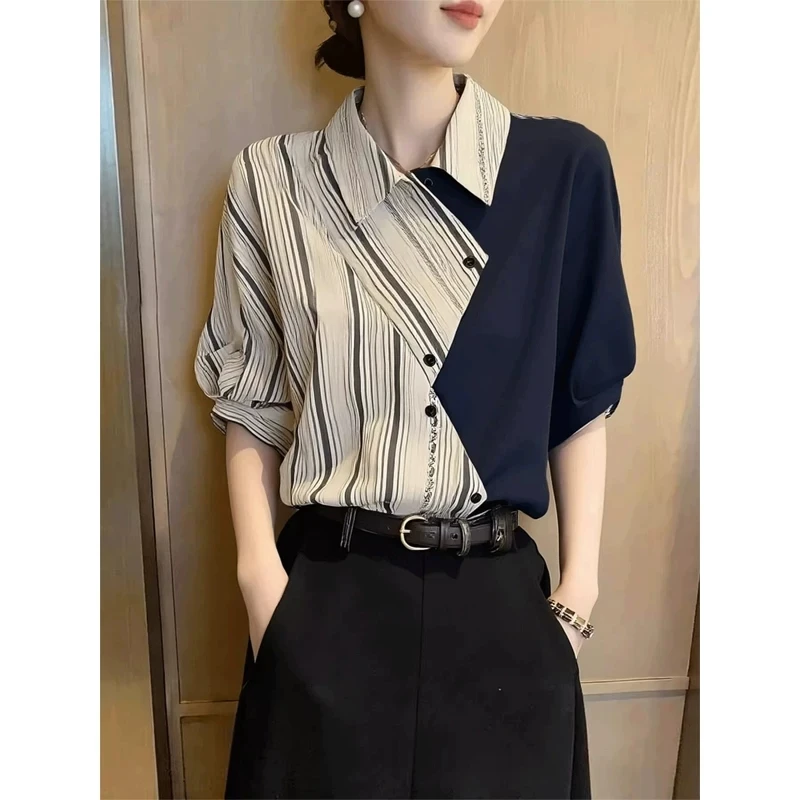 Luxury Splicing Striped Women Shirt Short‑sleeve Blouse Elegant Office Commute Summer Fashion Y2K Daily Wear Lady Casual Top2026