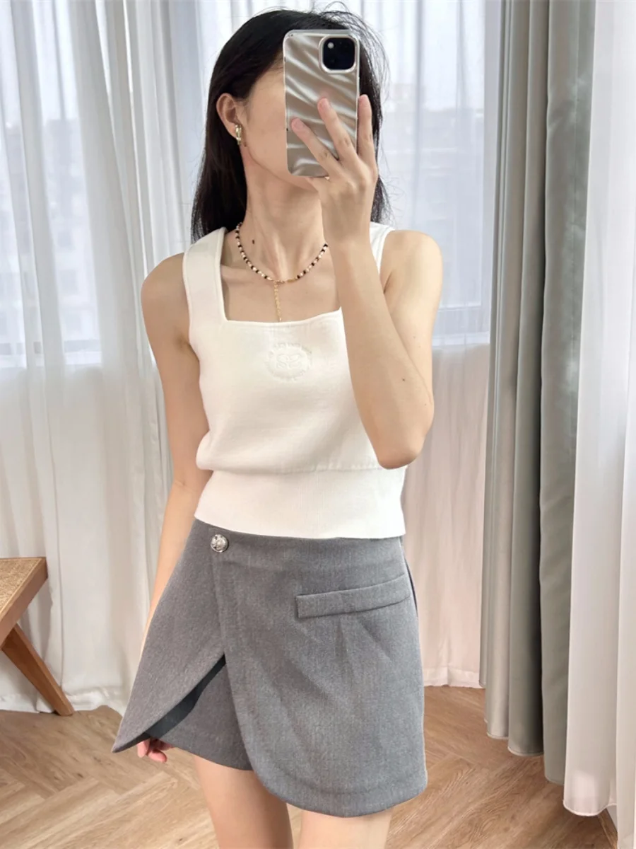 

"French Style" Must Buy Bottom Knitted Sling Three Color Fashionable Short Double S Embroidered Tank Top for Women