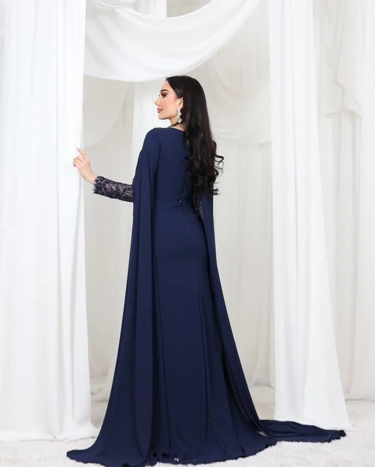 Gaun Formal Malam Kaftan Arab Biru Laut dengan Pakaian Gaun Acara Prom Saudi Dubai Lengan Panjang Ukuran Khusus Bungkus Jubah