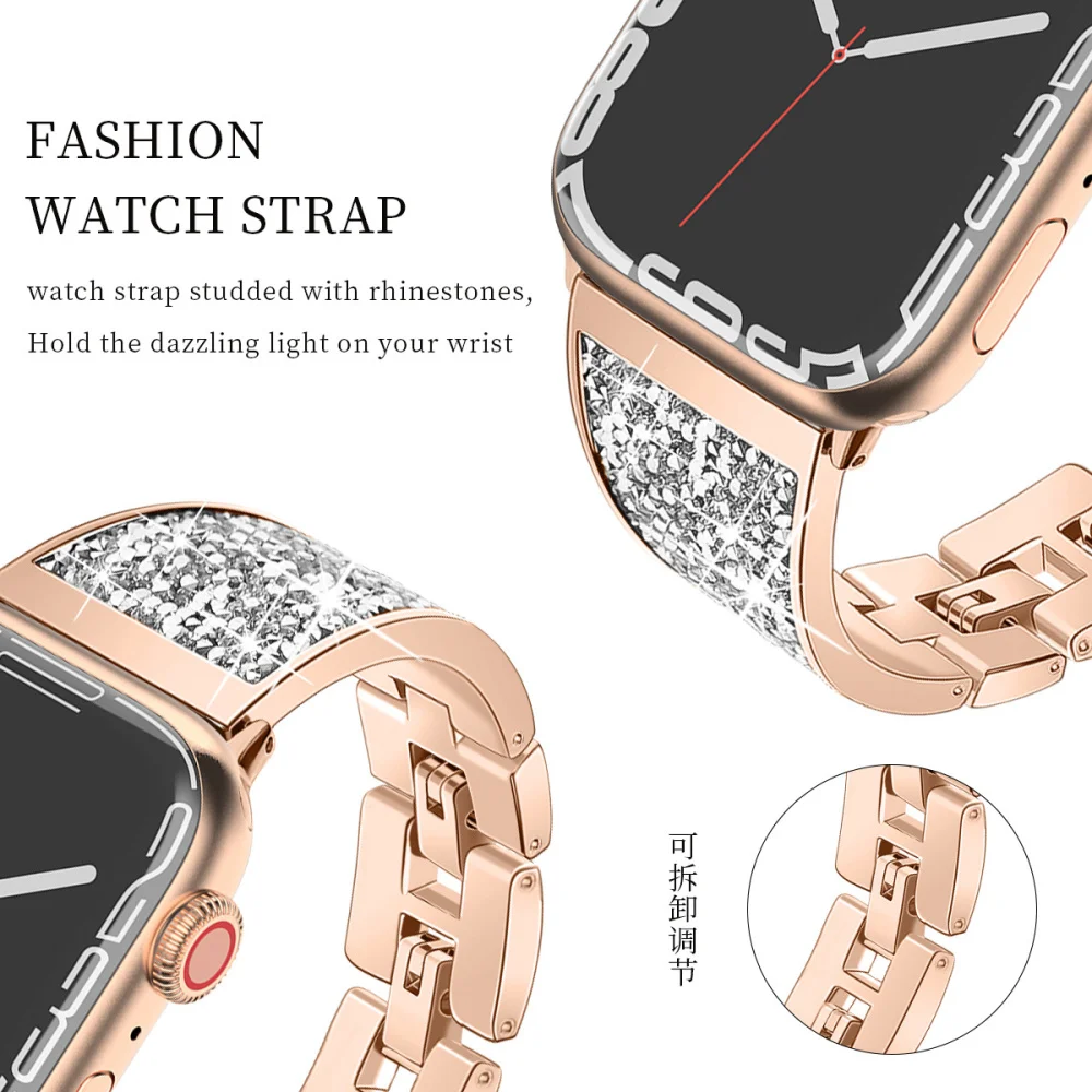 Shiny Rhinestones Chain Bracelet For Apple Watch Band 40 41 44 45 mm Stainless Steel Watchband iWatch Strap Series 4 5 6 7 8 SE