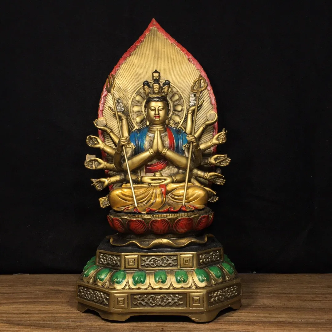 

Tibetan brass gilt face painting thousand-handed eyes Guanyin Bodhisattva Tara statue ornament Home supplies 35cm