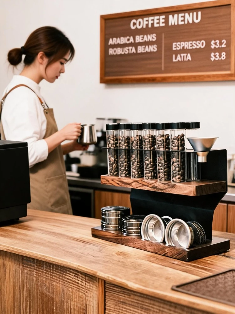 Coffee Bean Tube Display Stand, Glass Sealed Canister Holder, Tamper & Distributor Storage Rack for Espresso Coffee Tools