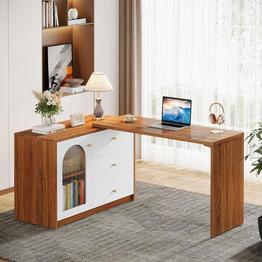 L Shaped Computer Desk with Drawers Modern Corner Home Office Desk with Reversible Storage Cabinet Long Study Writing Desk Work