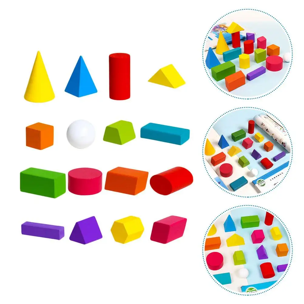 Wooden Building Blocks 3D Geometry Math Teaching Aid Kit Colorful Polished Early Education Toy Montessori