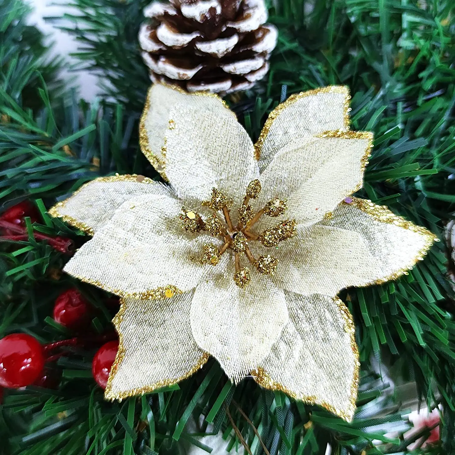 5 sztuk 4 cal boże narodzenie Glitter Poinsettia sztuczne jedwabne kwiaty ozdoby do złota boże narodzenie drzewo wieńce Garland świąteczne dekoracje