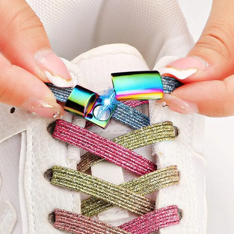 

New Convenience Magnetic Lock Shoelaces Elastic Rainbow Flat Shoe Laces Sneakers Without Ties Kids Adult Glitter No Tie Shoelace