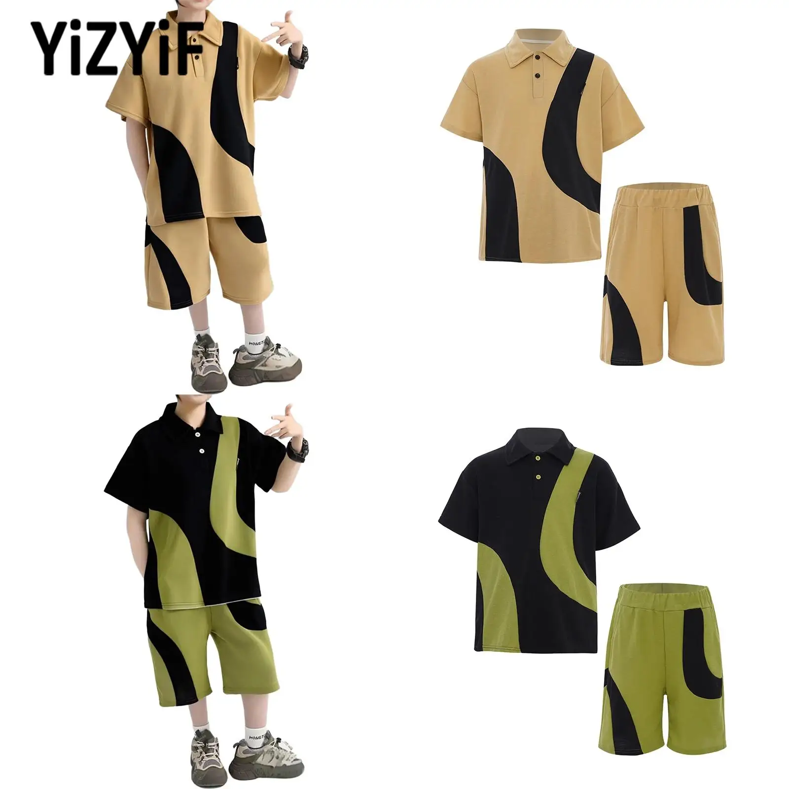 

Boys Fashion Color Block Athletic Outfit Turn-Down Collar Short Sleeve Golf T-shirt with Shorts for Hip-Hop Skateboarding Sports