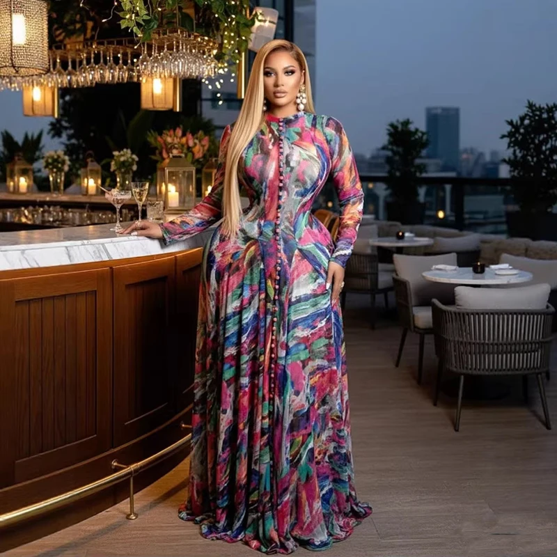 Wunderschöne Bedruckte Damenkleider mit Langen Ärmeln und Knopfleiste Vorne, Luxuriöses Maxikleid, Trendiges 2026 Party- und Abendkleid, Urlaubskleid, Langes Swing-Kleid – Detail 3