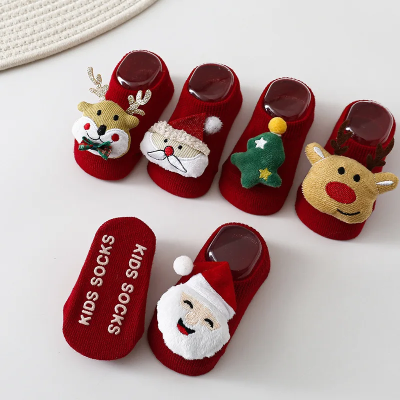 

Christmas Baby Floor Socks Cute Cartoon Santa Claus Children's Short Sock For Boys Girls New Year Non-slip Socks For 0-3 Years