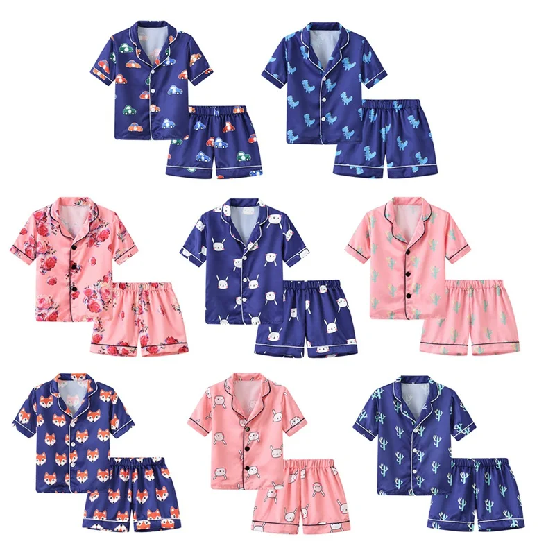 Summer Children Pyjamas for Boys and Girls Sets Kids Cute Cartoon Home Wear Silk Satin Pyjamas Set Suit Children's Clothes 1-6Y