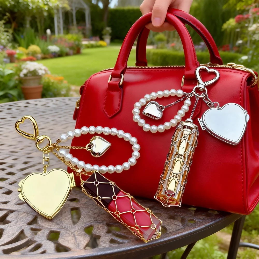 New Fashion Bag Pendant Metal Lipstick Keychain Lip Balm Bag Lipsticks Protective Cover Metal Net Pocket Cover Mirror Woman Gift
