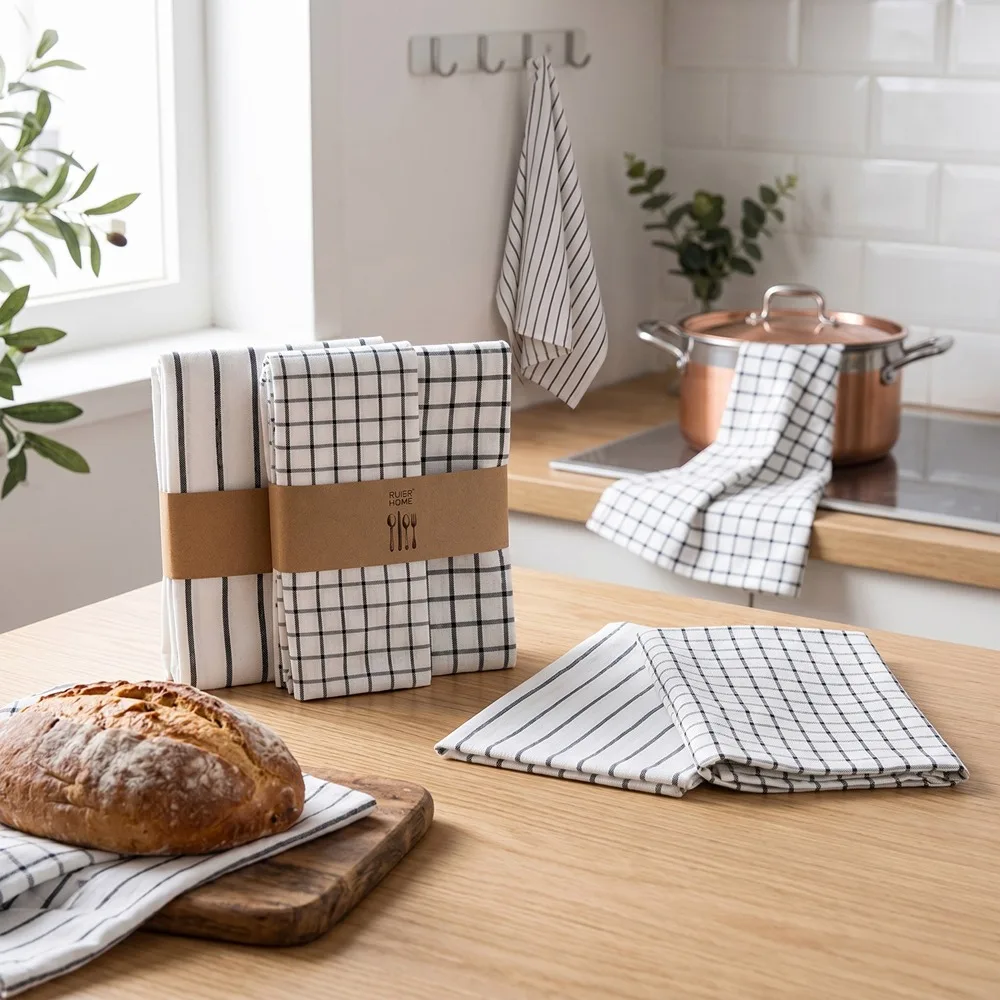 

4 PCS Modern Plaid Cotton Dish Towels Classic Striped Kitchen Tea Towel Set for Dinner Table Napkin and Baking Photo Props
