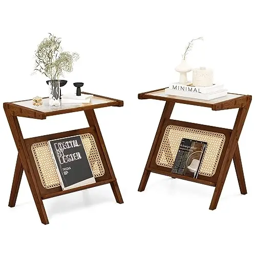 Rattan Side Table Set of 2, Boho Nightstand with Glass Top & Magazine Rack, End Table with Storage, Bamboo Bedside