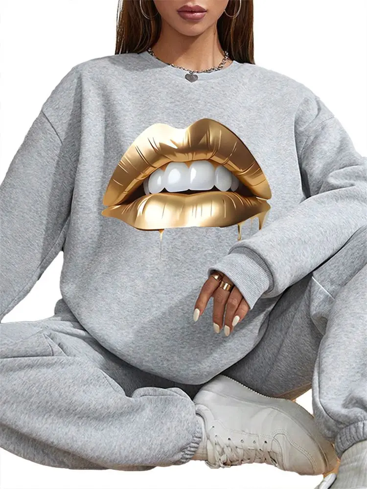 

Women Basic Casual Pullover Spring Autumn Long Sleeve Round Neck Golden Lips Printed