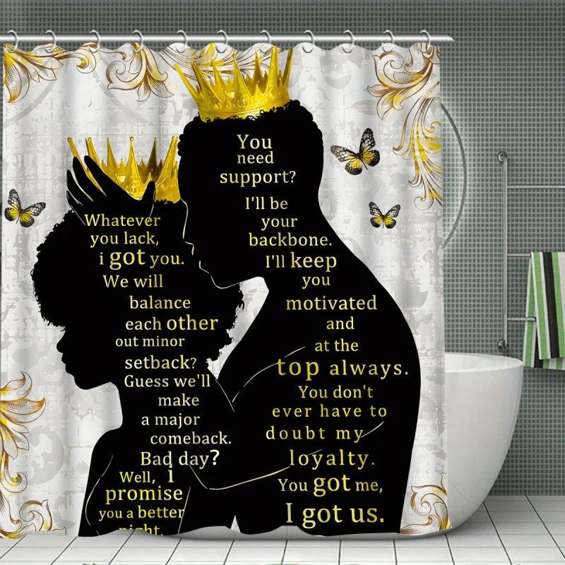 4pcs Modern King and Queen Silhouettes Shower Curtain Set with 12 Hooks, 3-piece Bathroom Decoration, Toilet Floor Mat