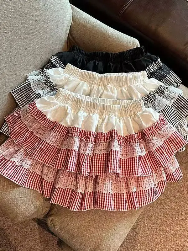 Sweet Pumpkin Lace Splicing Plaid Puffy Short Skirt Cake Skirt Slim High Waist Half Skirt for Girls And Teenagers