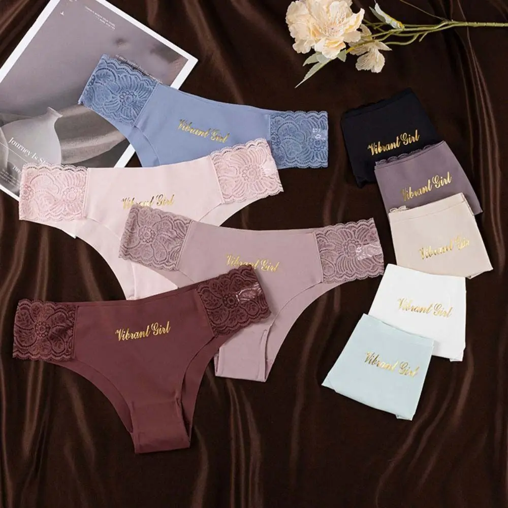 

Letter Women's Seamless Panties Solid Color Cotton Crotch Mid Waist Underpants Breathable Female Lingerie Lace Briefs Female