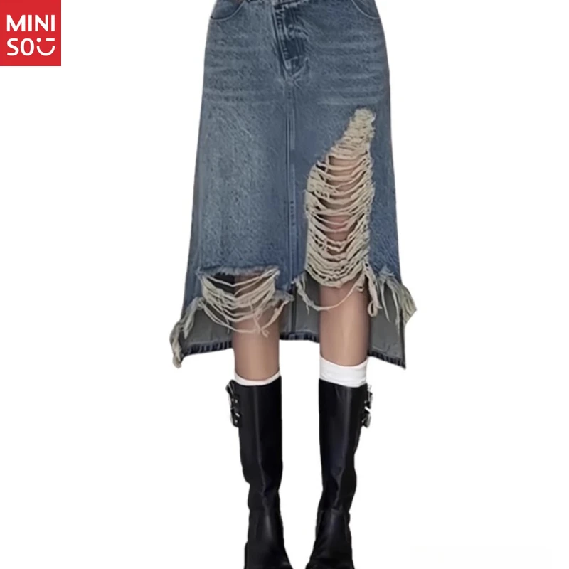 Miniso Plus Size Asymmetrical Denim Skirt, 2025 Distressed Midi, Vintage Washed Style