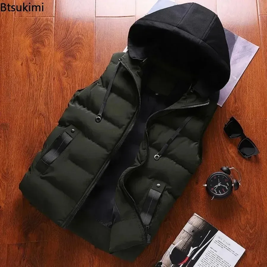 New Men's Casual Warm Hooded Vest Solid Thicken Waistcoat Autumn Winter Waterproof Warm Sleeveless Jackets Outdoor Vest for Men