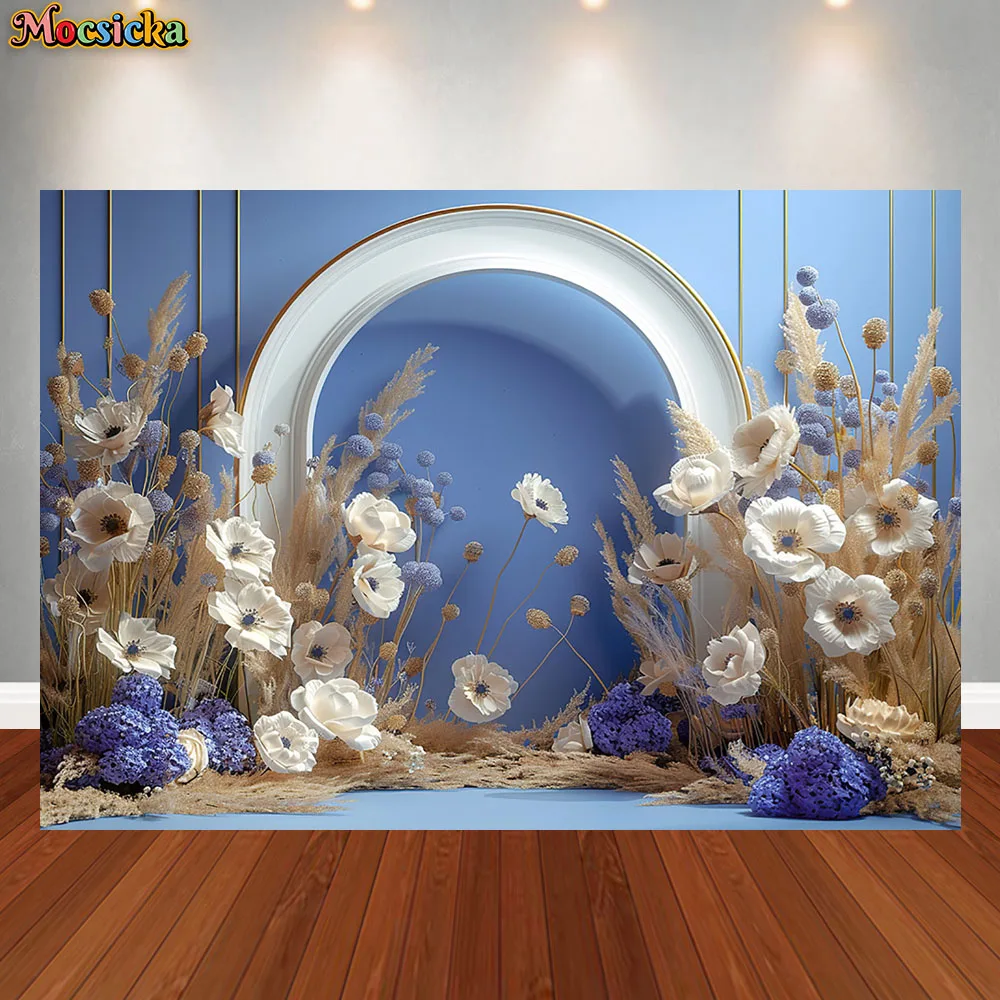 Mocsicka Photography Background Boho Blue Wall Flowers Arch Party Decoration Supplies Adult Women Portrait Photo Backdrops