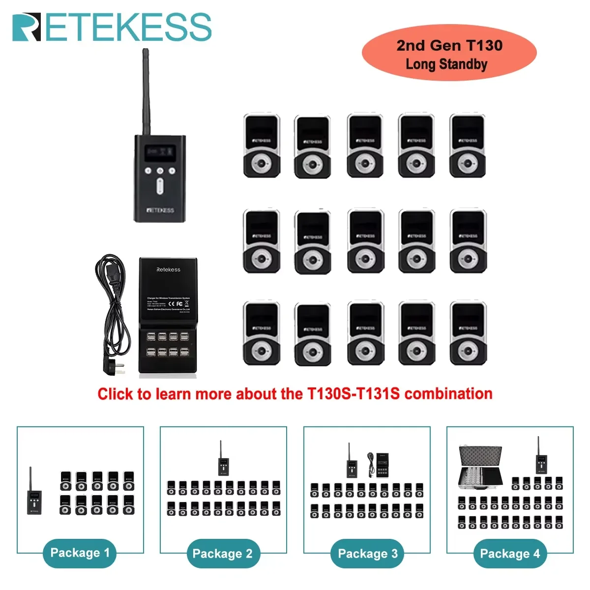 RETEKESS T130S Wireless Tour Guide System 2nd Gen T130 Long Standby Audio Guide System Mic Headphone Set for Tourism Meeting