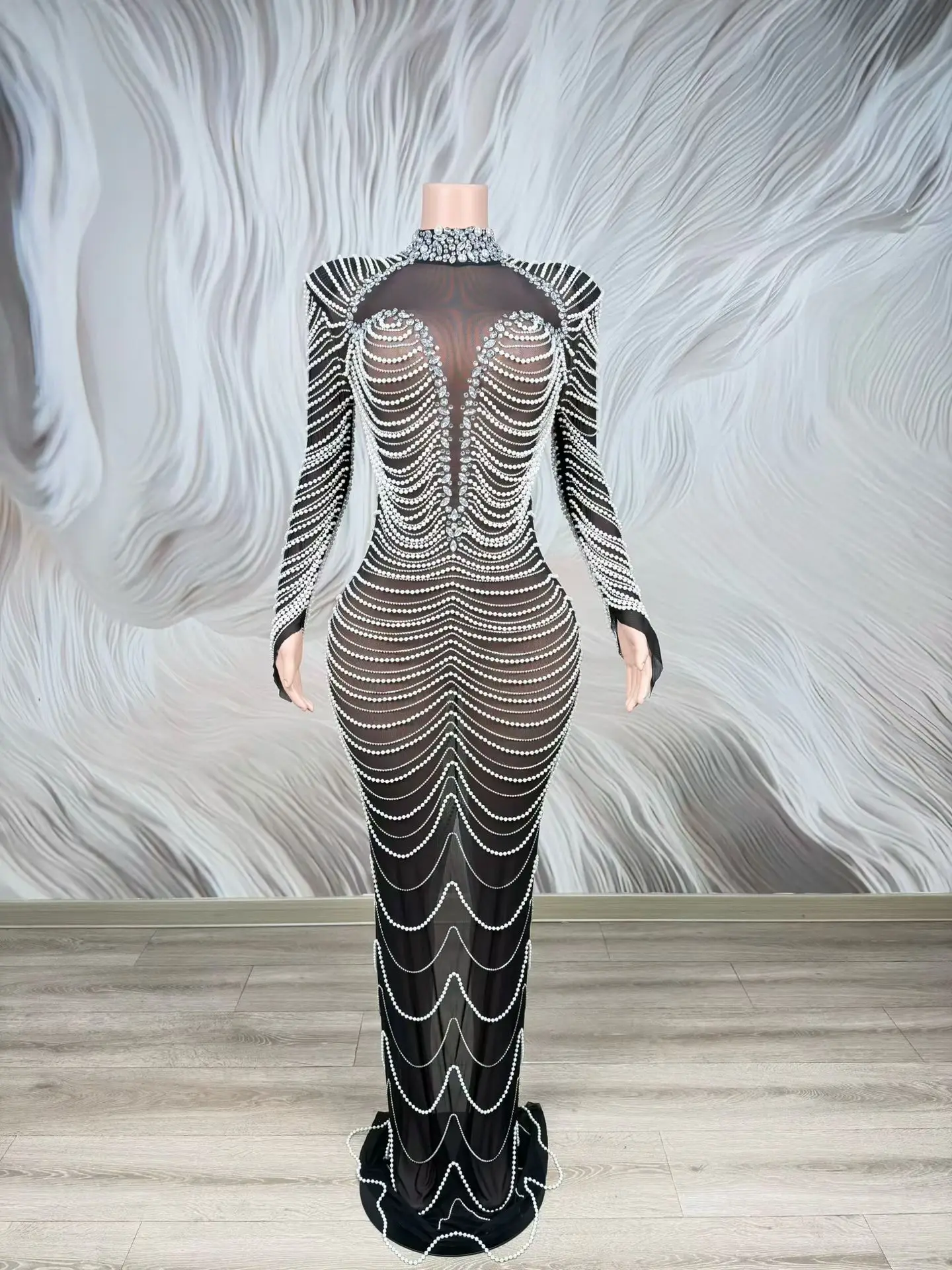 Xuanwo Luxury Silver Rhinestone Black Mesh Long Sleeve Mermaid Dress Formal Evening Wedding Photoshoot Gown