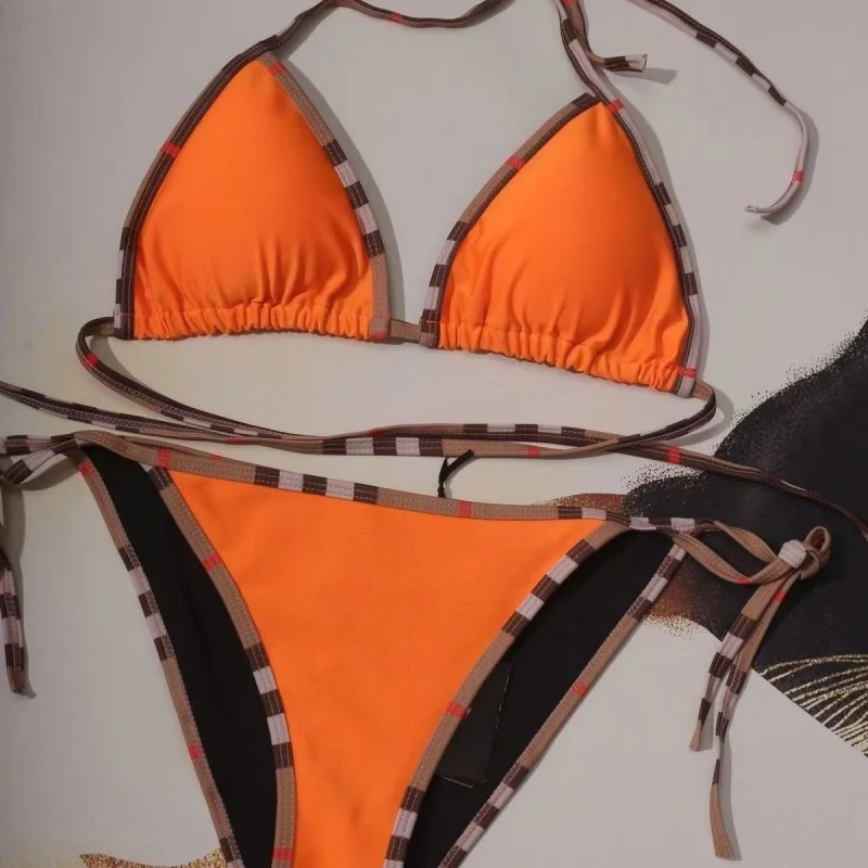 2024 Women\'s Sexy Solid Color Bikini Adjustable Lace-Up Swimsuit Summer Brazilian Beach Swimsuit Triangle Halterneck Bikini Set